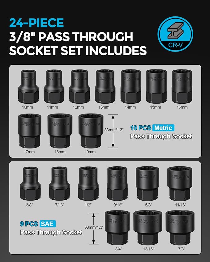 24 Pcs 3/8" Pass Through Socket Set, SAE/Metric Go-Thru Ratchet Kit | Hollow SAE/metric sockets clear long threaded rods, including a 72-tooth ratchet, extension bar, and 3/8" adapters