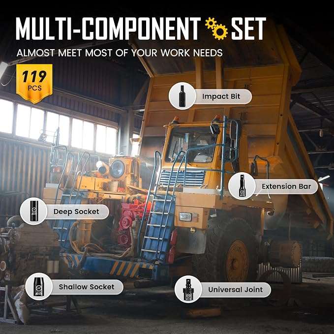 boen 119 Piece Impact Socket Set, 1/2" & 3/8" Drive Socket Set Deep/Shallow SAE/Metric, Cr-MO & S2, 6 Point, Impact Bit, Allen Sockets Included