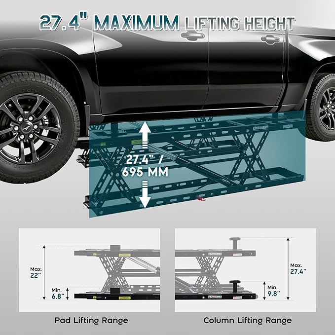 Albott 8000 LBS Portable Car Lift for Home Garage, Heavy-Duty Q355B Steel Vehicle Lift, Adjustable Height up to 27.4", 25–30s Fast Cycle, Locking Levers, Extension Plate, Foldable with Wheels