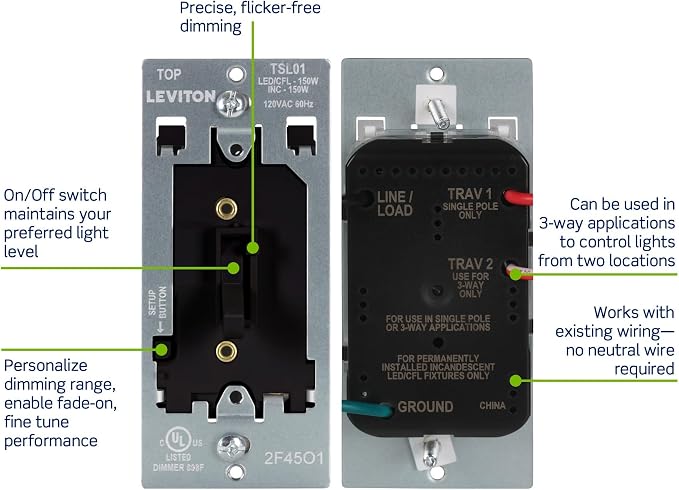 Leviton Toggle Slide LED Advanced Dimmer Switch for 150W Dimmable LED, Halogen and Incandescent Bulbs and Fixtures, TSL01-10E, Black