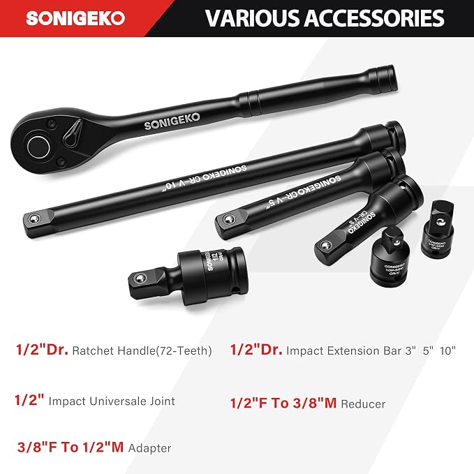 70-Piece 1/2" Drive Impact Socket Set, SAE 5/16"-1-1/4" & Metric 8-24mm | Cr-V Swivel Sockets, 6 Point Shallow & Deep with Ratchet Handle,Extension Bar(3"5"10"), Adapters, and Storage Case