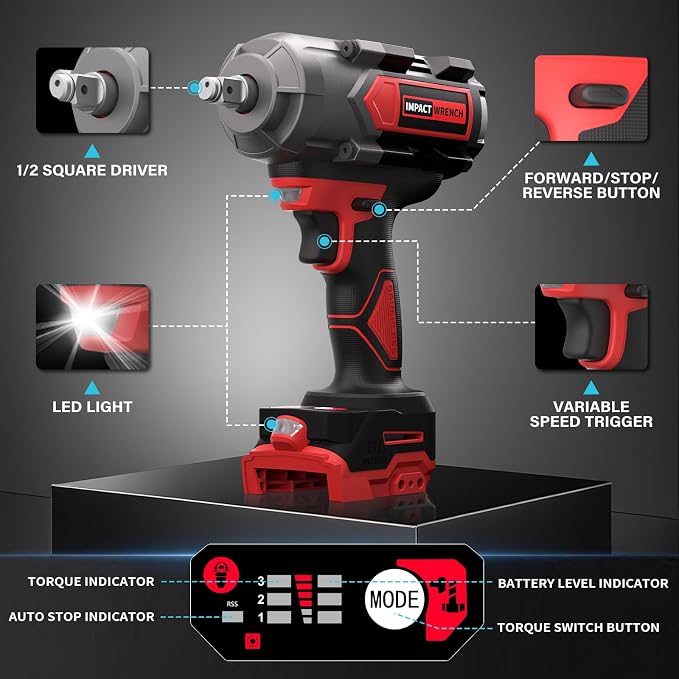 VERVEWAVE 1200N.m Impact Wrench for Milwaukee 18V Battery (no battery), 1/2” Cordless Impact Gun, 900Ft-lbs Electric Impact Driver with 3-Speed Control, 6 Pcs Impact Sockets Included, Tool Only