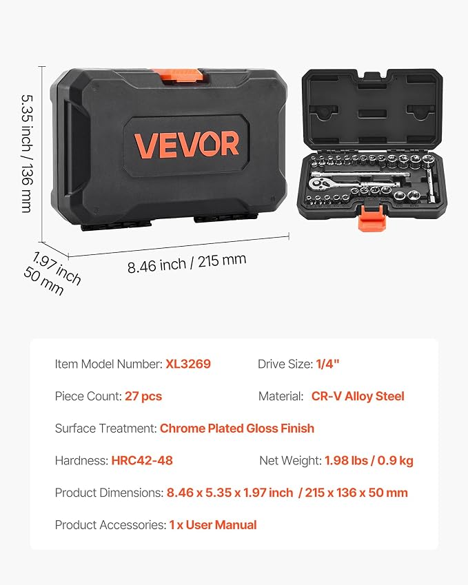 VEVOR Socket Set, 27 Pieces, 1/4 inch Drive Socket and Ratchet Set, SAE and Metric, Mechanic Tool Kit with Ratchet Wrench, Extension Bar and Storage Case, CR-V Alloy Steel, for Automotive Repair | Mechanic Tool Kit with Ratchet Wrench, Extension Bar an...