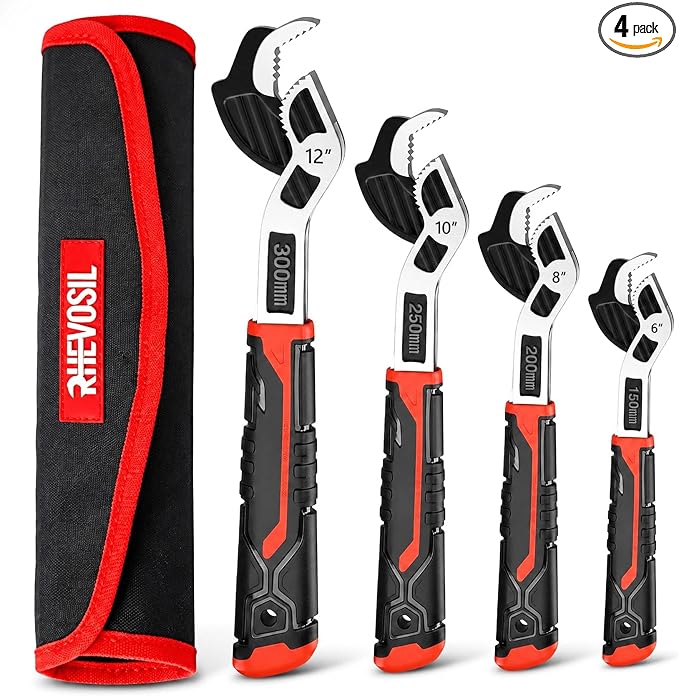 4 Pack Self Adjusting Pipe Wrench Set, 6" 8" 10" 12" Plumbers Wrench | Complete 4-Pack Kit: Covers 9/32" To 1-11/16" (7-43mm) Sizes for Standard, Square, And Irregular Nuts or Pipe Fittings.