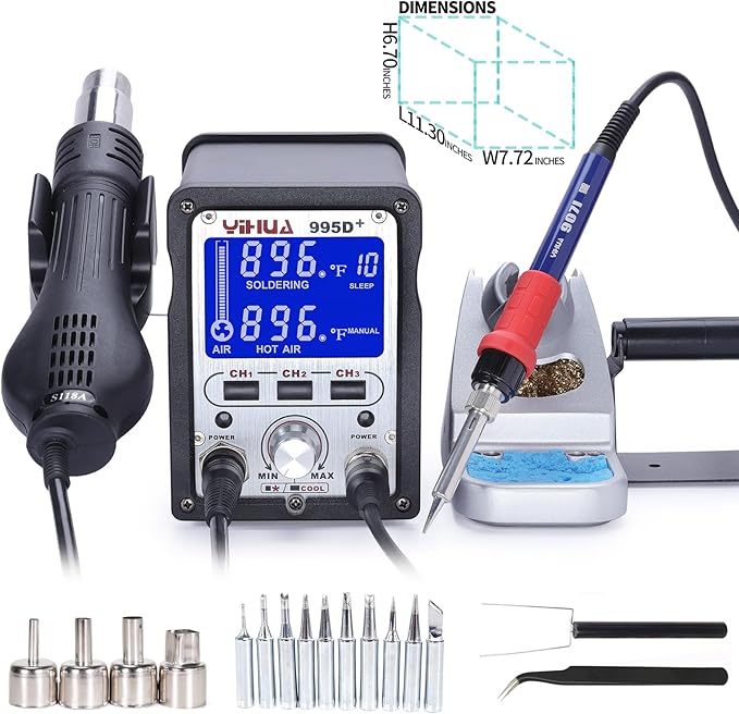 YIHUA 995D+ 2 in 1 Hot Air Rework and Soldering Iron Station with 3 Memories, Large LCD Screen Display, Cool/Hot Air Conversion, Sleep Mode, F /C