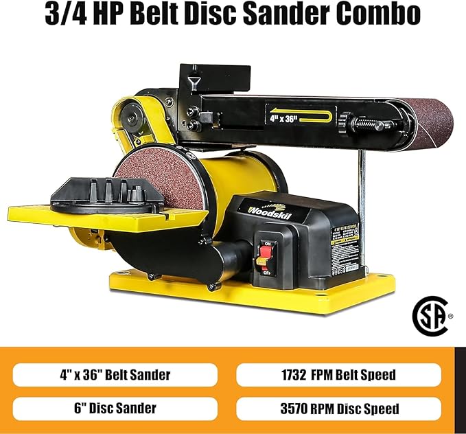Woodskil 4.3A Belt Sander, 4 x 36 in. Belt & 6 in. Disc Sander, Double Dust Exhaust Port, Steel Base, 2Pcs Sandpapers Included