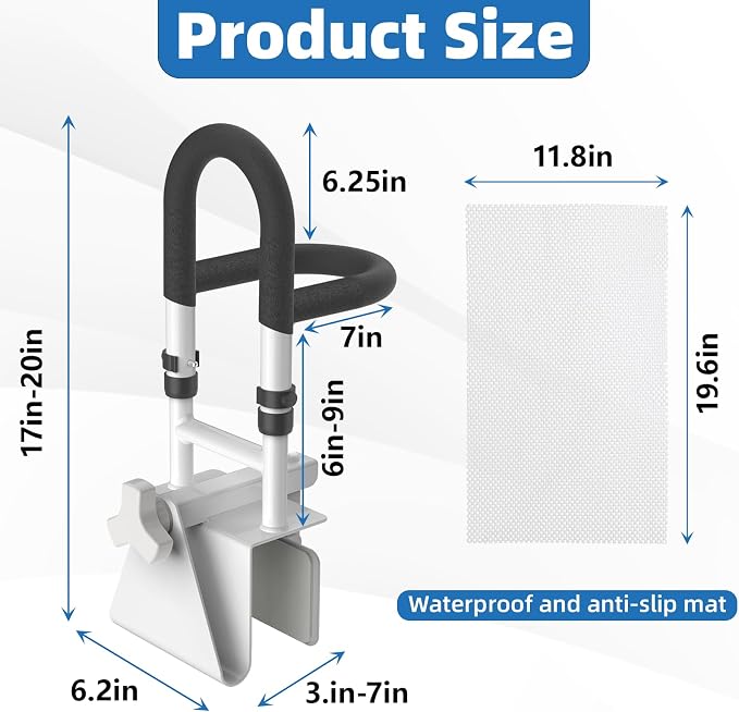 Butizone Adjustable Shower Grab Bars with 2 Handrails - Clamp-On Anti-Slip Bathtub Safety Rail for Elderly, Fits 3" to 7" Tub Walls, Supports Up to 300lbs