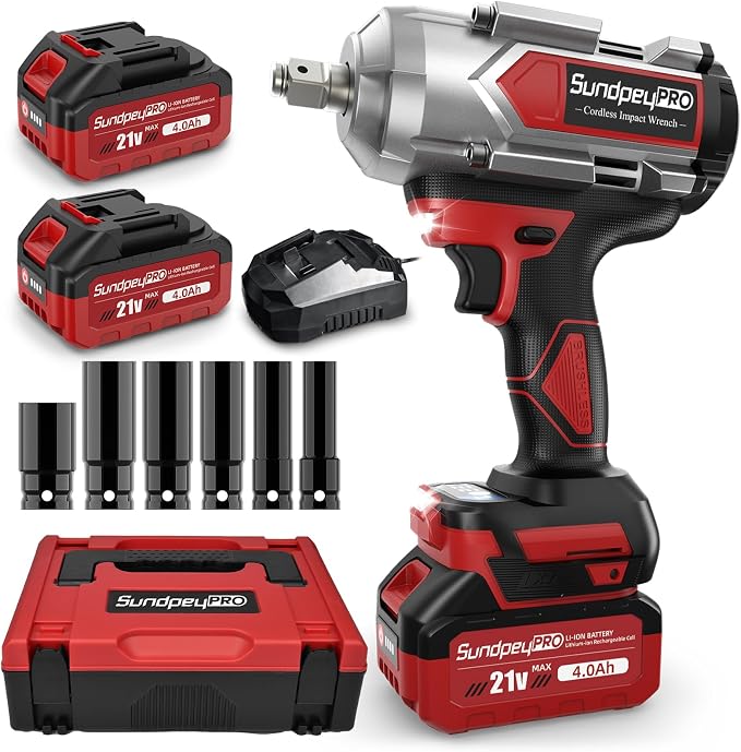 Cordless Impact Wrench 960Ft-lbs - 1300N·m High Torque Impact Wrench - 21V 2600RPM Brushless Power Impact Gun with 2 × 4.0Ah Battery 6 Sockets & Charger & Carry Case for Car Tire Truck DIY