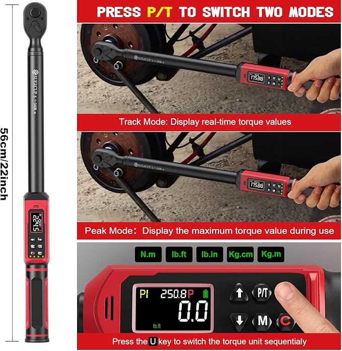 SUERCUP 1/2-inch Digital Torque Wrench(3.8-250.8Ft.Lb/5.1-340Nm) ±1% Accuracy Digital Torque Wrench with Vibration, Buzzer,LED Notification and Five Units of Measure, for Car,Motorcycle Repair, DIY