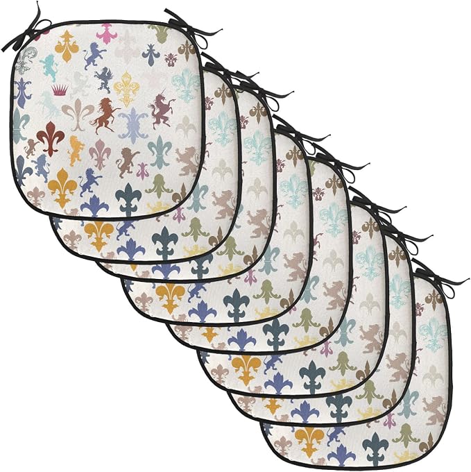 Lunarable Fleur De Lis Chair Cushion Pads Set of 8, Pattern with Lions Horses Griffins Unicorn and Royal Flower Fantasy Art, Anti-Slip Seat Padding for Kitchen & Patio, 16"x16", Ivory Multicolor