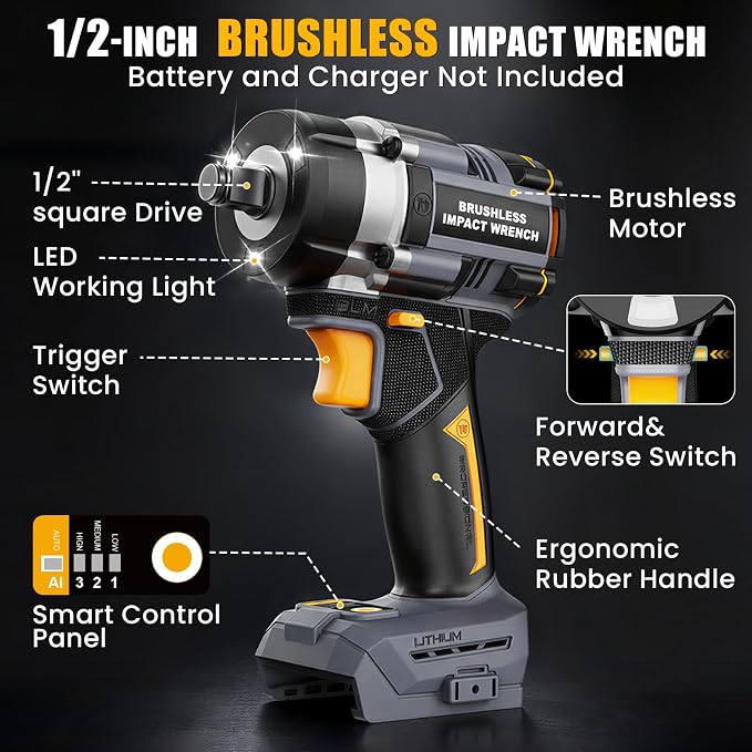 Cordless Impact Wrench 1/2 Inch Compatible with DeWalt 20V MAX Battery | Brushless Motor, High Torque, 1016 N.M(750 Ft-lbs), Variable-Speed & Auto-Stop, Lightweight, 5 Sockets, LED Light (Tool Only)
