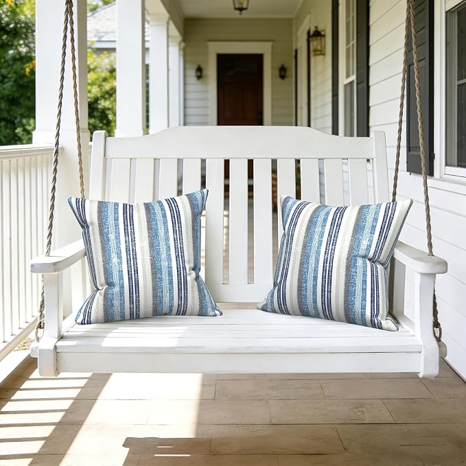 LVTXIII Outdoor Pillows 20x20 Inch, 2 Pack Large Decorative Square Throw Pillows with Inserts for Couch, Bed, Floor Seating, Patio Furniture, Stripe Layered Blue