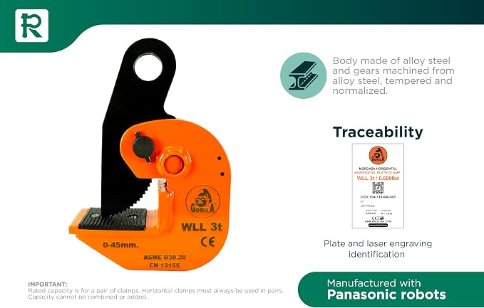 GORILA horizontal plate clamp | 6600lbs / 3 ton | Jaw opening 1.8 inch/45mm | Industrial and heavy duty Steel plate clamp for lifting and transporting | Safety factor 4:1 | Since 1989