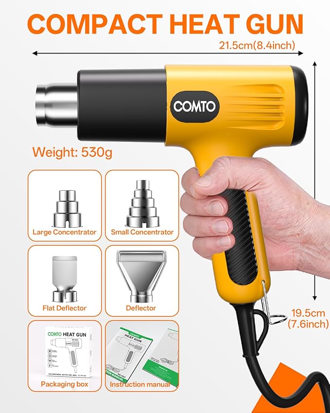 1600W Heat Gun, Hot Air Gun with 2 Temp Settings, 4 Nozzles, Overheat Protection, for Shrink Tubing, Shrink Wrap, Crafting, Resin, and DIY Projects - Yellow