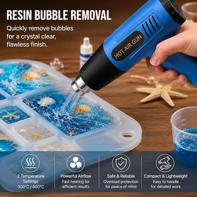 Heat Gun, 900W Hot Air Gun with 2 Temp Settings 572 & 1112°F, Overload Protection, 4 Nozzles, 5FT Cord, Heat Shrink Gun for Crafts, Resin, Vinyl Wrap, Soldering & Phone Repair
