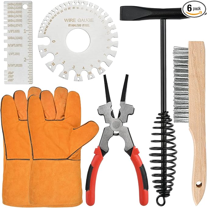 6Pcs Welding Accessories, Chipping Hammer 10.55 In, Pliers 8.07 In, Wire Brush 9.84 In, Metal Sheet Gauges and Welding Gloves, Essential Welder Cleaning Set for Slag Removal & Maintenance
