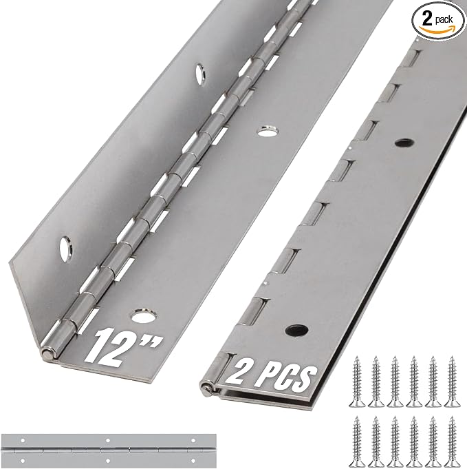 ALBO 12 Inch Silver Heavy Duty Piano Hinge Continuous Stainless Steel 304 (2-Pack), Surface Mount Cabinet Hinges Silver 12"x2" for Tool Box, Small Chest, Jewelry Box & Display Case, Rustproof Hardware
