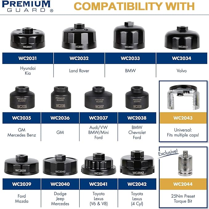 Premium Guard 14-Piece Cartridge Oil Filter Wrench Cap Set with Exclusive 25 Nm Preset Torque Bit for SAE and Metric – 3/8 inch Drive