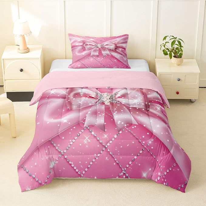 Feelyou Pink Bowknot Comforter Set All Season Ribbon Glitter Bow Bedding Set with 1 Pillow Cases Dreamy Princess Microfiber Kids Toddler Bedclothes Bedroom Decor Duvet Quilt Breathable Soft