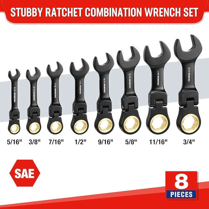 WORKPRO 8-Piece Stubby Flex-Head Ratcheting Wrench Set, SAE 5/16-3/4 in | Anti-slip, 72-Teeth, CRV, Black Electrophoretic Coating, for Mechanics, DIYers and Home Repairs, Includes Rolling Pouch