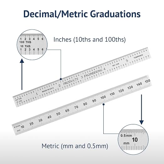 PEC Tools Metal Ruler, 6"/150mm Machinist Rule with Satin Chrome Finish, Decimal/Metric Graduation (1/10", 1/100", 1mm, 0.5mm), Flexible High-Quality Steel Ruler, Trusted by Professionals, Made in USA