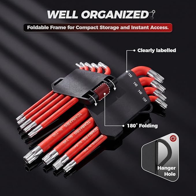 TOMMARS 31-Piece Stubby Allen Wrench Set, SAE, Metric & TORX Hex Keys | Stubby Short Arm, Ball End, S2 Steel, SAE(0.05"-3/8"), Metric(1.5mm-10mm), TORX(T10-T50)