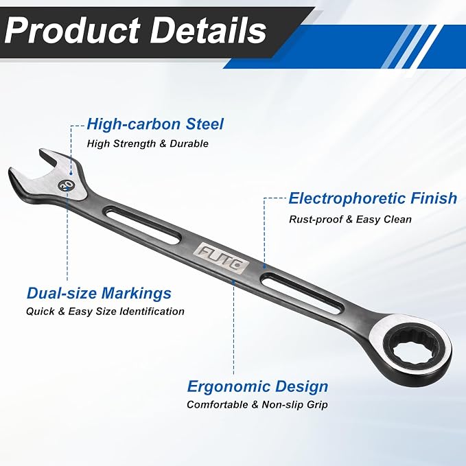 HARFINGTON Ratcheting Combination Wrench 30mm Stubby Wrench Metric High Carbon Steel Double 12-Point Box Open-Ended Ratchet Spanner Tool for Household Garage Workshop Auto Repairs, Black