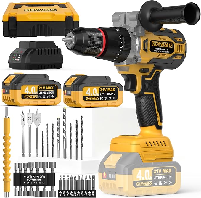 Cordless Hammer Drill 1239In·lbs - 21V Brushless Electric Power Impact Drill Set w/ 2 x 4.0Ah Battery & 1/2" Self-Locking Metal Chuck & 42PCs Accessory for Drilling Wood Bricks Metal Concrete