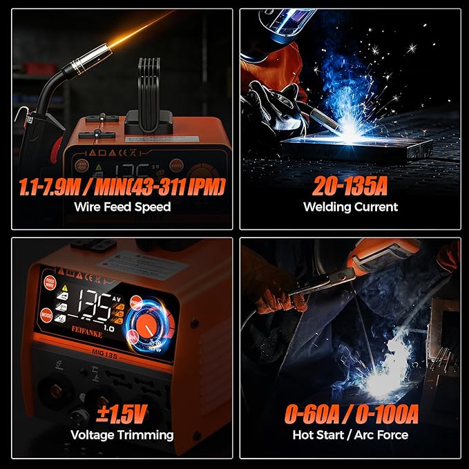 FEIFANKE 135A MIG Welder, 110v Flux Core MIG/Stainless Flux MIG/Stick/MMA/Lift TIG 4 In 1 Portable Multiprocess Welding Machine With LED Display, Synergic Wire Feed Welder IGBT For Thin Metal（6.6LBS）