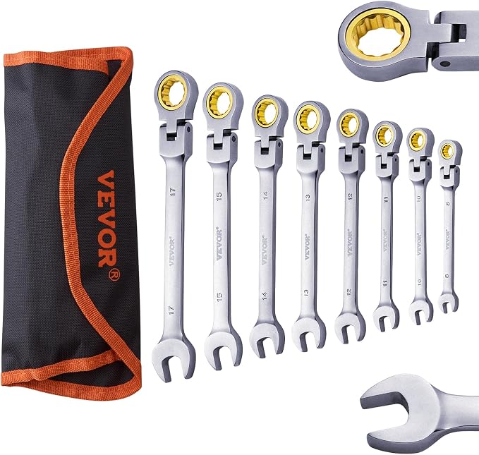 VEVOR Flex-Head Ratcheting Wrench Set, Nickel Plating, 8-piece Flexible Ratcheting Combination Wrench Set with Roll-up Pouch, CR-V, 72 Teeth, SAE 5/16-3/4"