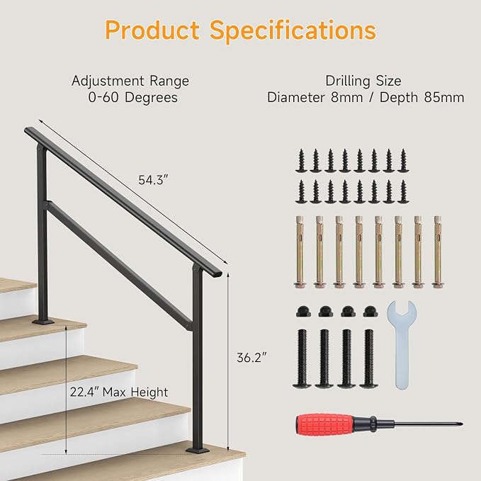 Hand Rails for Outdoor Steps 2-5 Steps Wrought Iron Handrails | Stair Railing for Porch, Home, Garden, Indoor, Staircase Handrails for Wooden, Cement, Brick, Marble (4 Steps)