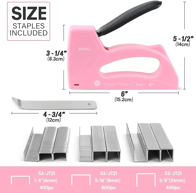 SHALL Light Duty Staple Gun for Wood - Pink Upholstery Staple Gun with 1600pcs JT21 Staples 1/4, 5/16, 3/8 inch and Staple Remover - Women Staple Gun for Crafts, Fabric Stapler Gun for DIY, Decoration