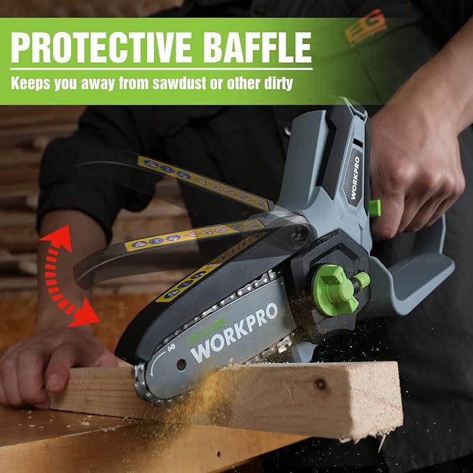 WORKPRO Mini Chainsaw, 6.3" Cordless Electric Compact Chain Saw with 2 Batteries, One-Hand Operated Portable Wood Saw with Replacement Guide Bar and Chain for Garden Tree Branch Pruning, Wood Cutting