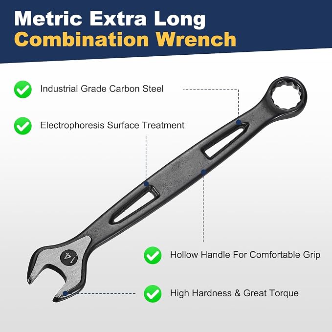 HARFINGTON Combination Wrench 14mm Metric Extra Long 12-Point Box and Open End Carbon Steel Double Ended Industrial Grade Spanner for Automotive Furniture Machinery DIY Repair, Black