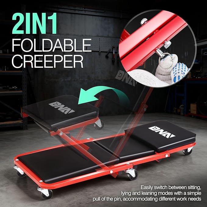 ‎DNA MOTORING TOOLS-00184 36 Inches 2 IN 1 Rolling Folding Car Creeper/Seat, 6 Pcs 2" Casters, 150kg Weight Capacity, Red