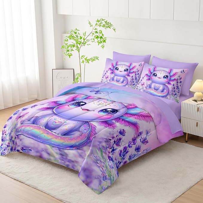 Axolotl Bedding 7 Piece Comforter Set Queen Size,Marine Life Themed Bed Set for Toddlers Girls Room Decor,Cute Kids Bedding with 1 Comforter,1 Flat Sheet,1 Fitted Sheet,4 Pillowcases.