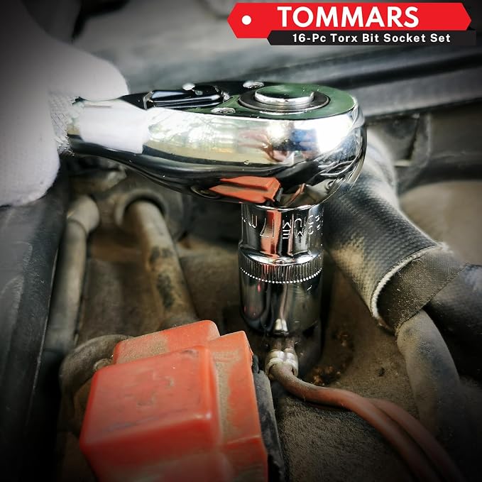 TOMMARS 16-Piece 3/8" Drive Conventional Torx Socket Set | T10, T15, T20, T25, T30, T40, T50, and T55, Long Torx Bit Socket Set ,S2 Alloy Steel