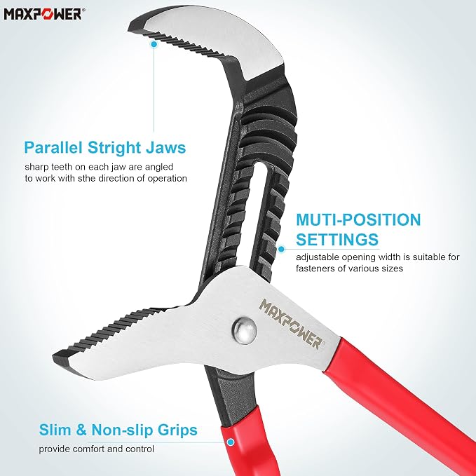 MAXPOWER 16-inch Groove Joint Pliers, 3.34-inch Jaw Opening | Straight Jaw Pump Pliers, 90° Serrated Teeth, Forged Steel