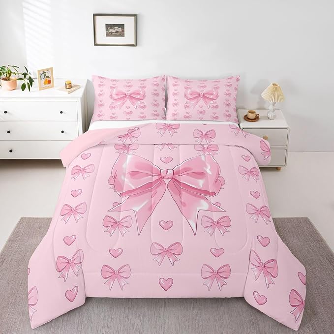 Feelyou Cute Pink Bowknot Comforter Set Queen Size Love Hearts Bow Bedding Set for Kids Boys Girls Princess Bow Duvet Quilt Bedroom Decor Microfiber 3 Pcs with 2 Pillow Cases