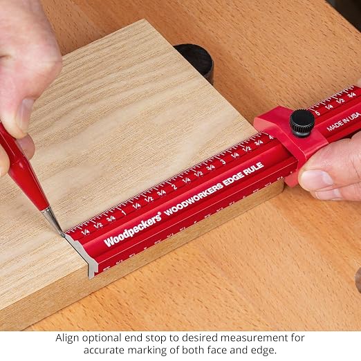 Woodpeckers Edge Rule, 12 Inch, Wraps Around Edge, USA Made, Laser Engraved Scales, Beveled Edges, Aluminum Woodworking Ruler
