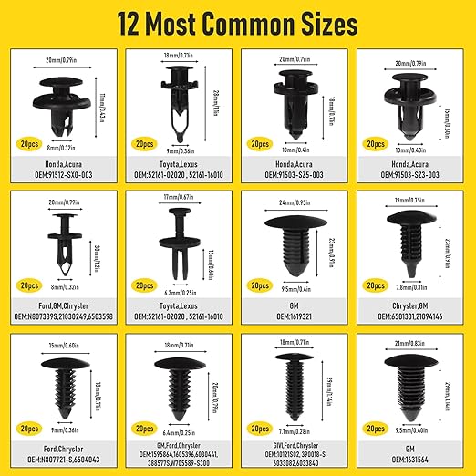 240PCS Car Bumper Retainer Clips Kit - Auto Plastic Rivets & Push Fasteners Set, Most Popular Sizes for Door Trim, Panel, Fender - Compatible with GM, Ford, Toyota, Honda, Chrysler
