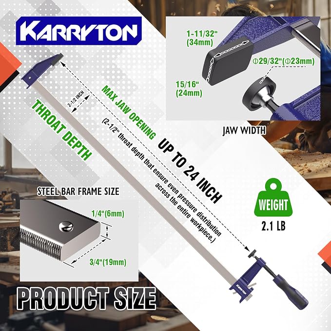 2-Pack Steel Bar Clamps 24 Inch, Quick-Adjust F-Clamps with 2-1/2" Throat Depth, 600LBS Load Wood Clamps for Woodworking, Metalworking, and DIY Projects