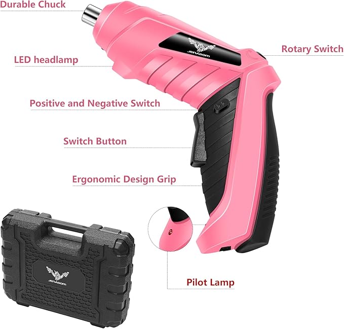 JENABOM 47 in 1 Electric Screwdriver Cordless Rechargeable Small Power Drill Set 3.6V Li-ion 3Nm Max Torque Electric Rotatable with LED Light Screwdriver, Pink