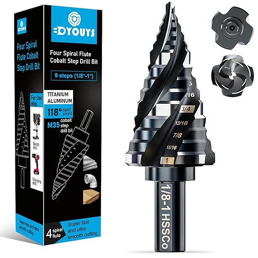 Four Spiral Flute M35 Step Drill Bit Set 1/8"-1"(9 Sizes), 3/8" Shank for Metal Step Drill bit, Impact Resistant Cobalt Step Drill Bit, for Stainless Steel, Wood, Aluminum, Plastic