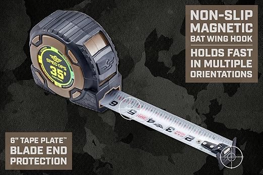 Spec Ops Tools Heavy Duty Tape Measure for Framing & Construction, 1 1/4" Double-Sided Blade, Retractable, Elite Series, 35 Foot Magnetic + Fractional