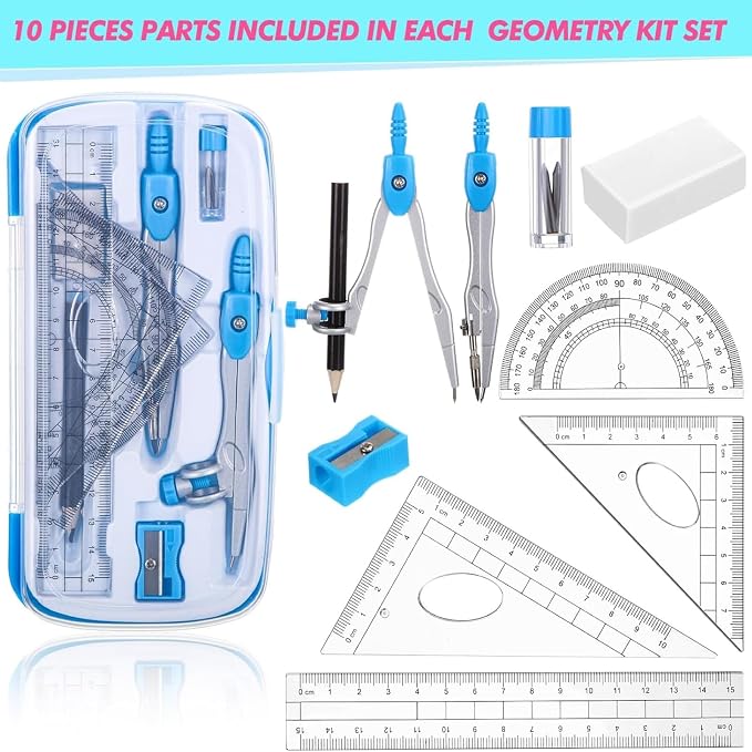Zonon 6 Sets Math Geometry Kit Student 10 Pcs Shatterproof Storage Box Includes Compass, Rulers, Protractor, Eraser, Pencil Sharpener, Lead Refills, Pencil for Back to School Students Class Teacher