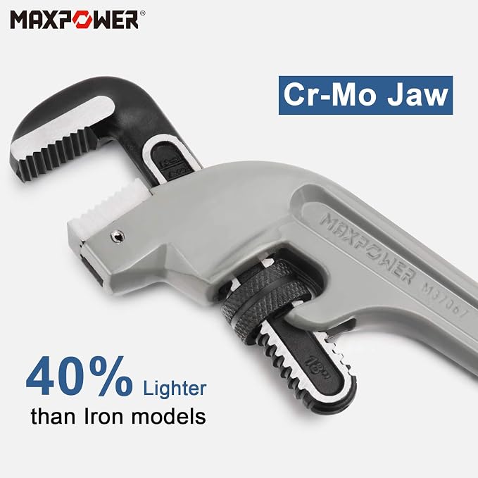 MAXPOWER 18-inch Pipe Wrench, 45 Degree Angled Cr-Mo Jaw, 2.36” Opening | Aluminum Plumbing Wrench, Heavy Duty Offset Pipe Wrench for Tight Spots