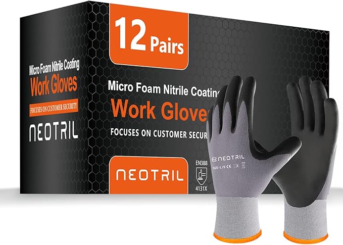 NEOTRIL Safety Work Gloves MicroFoam Nitrile Coated-3/6/12/36 Pairs,Breathable Nylon Working Gloves for Men Women
