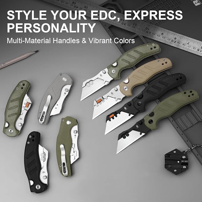 Kizer C01C Uti 2 (Tool-Free Version) Utility Knife, Button Liner Lock Box Cutter Pocket Knife with 5PCS Razor Blades, Thumb Stud Folding Knives with Green Micarta Handle for Men Women V3488.29JNA1