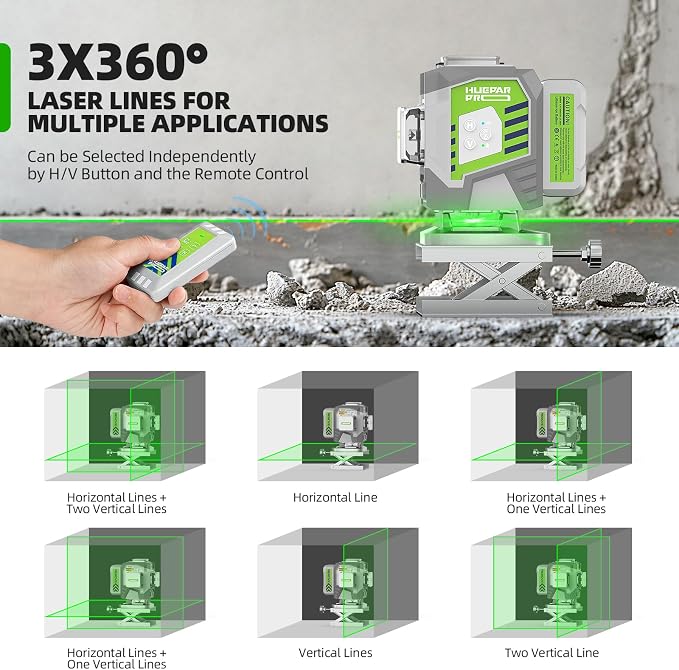 Huepar Pro Laser Level, 3x360° Self Leveling Green Tiling Level Laser Tool, 3D Cross Line Laser Level Tool, High Accuracy Floor Laser with Rechargeable Battery, Remote Control & Hard Carrying Case